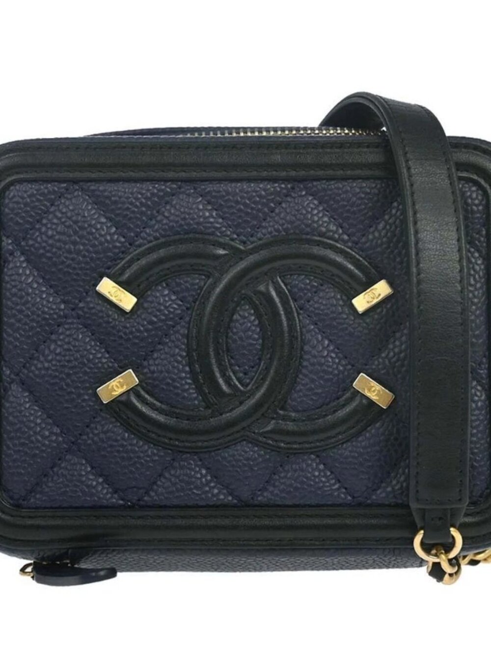 Chanel Navy Calfskin Filigree Vanity Shoulder Bag 168259